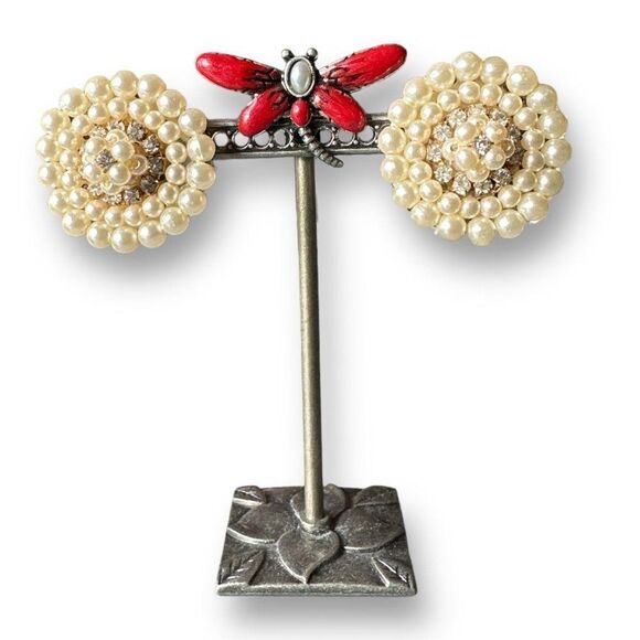 Vintage Imitation Pearl Clip-On Earrings Accented with Rhinestones - Picture 2 of 5